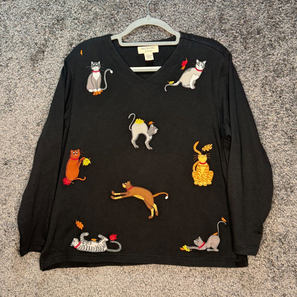 Bechamel Petites Cat Top Womens L Black Excellent Embroidered Fall Leaves V-Neck